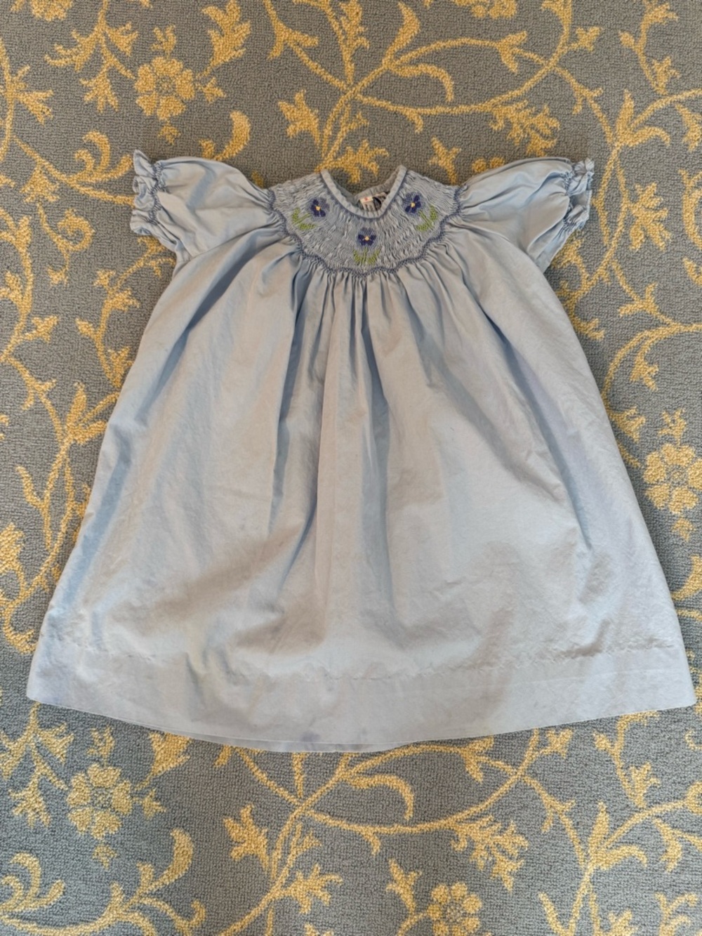 Light Blue Smocked Floral Yoke Girls' Casual Dress
